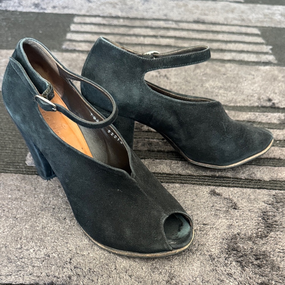 COCLICO Black Suede Peep-Toe Heels